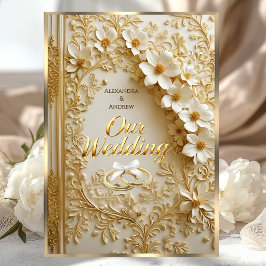 Elegant Wedding Book Ornate Gold White Floral Kaart