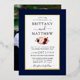 Elegant Wedding Burgundy Floral Blue Foto Gold Folie Uitnodiging
