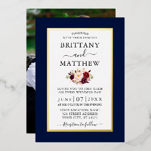 Elegant Wedding Burgundy Floral Blue Foto Gold Folie Uitnodiging
