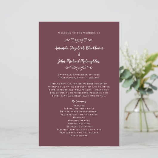Elegant Wedding Burgundy Modern Ceremony Programme (Staand voorkant)
