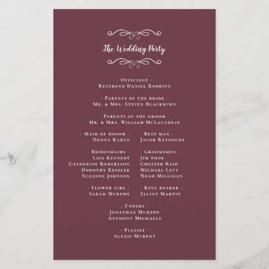 Elegant Wedding Burgundy Modern Ceremony Programme (Achterkant)