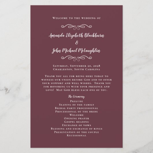 Elegant Wedding Burgundy Modern Ceremony Programme (Voorkant)