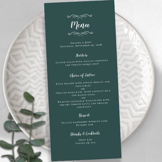 Elegant Wedding Calligraphy Emerald Green Dinner Menu