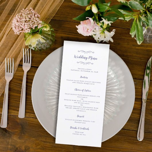 Elegant Wedding Calligraphy Periwinkle Blue Dinner Menu