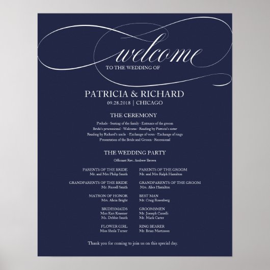 Elegant Wedding Ceremony Program Navy Blue Poster (Voorkant)