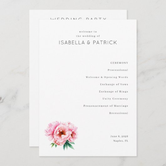 Elegant Wedding Ceremony Program Programmakaart (Voorkant / Achterkant)