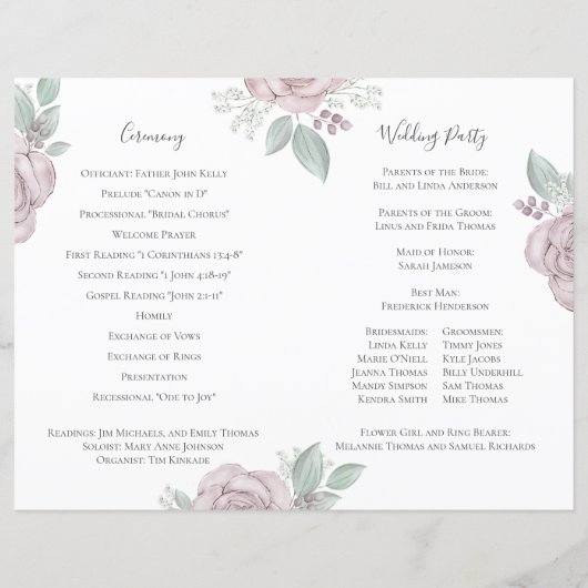 Elegant Wedding Ceremony Programme Dusty Roos Flor (Achterkant)
