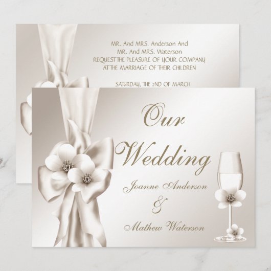 Elegant Wedding Champagne Floral Cream Bow Kaart (Voorkant / Achterkant)