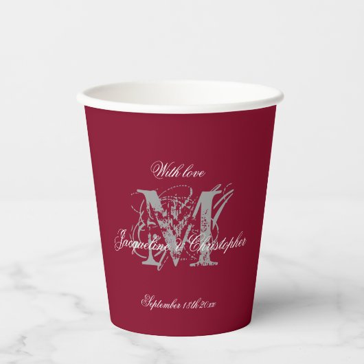 Elegant Wedding Classic Monogram & Names Burgundy Papieren Bekers (Voorkant)