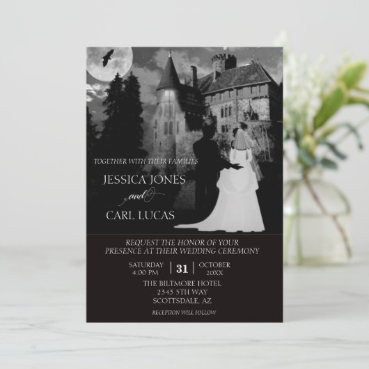 Elegant Wedding Couple Halloween Castle House Kaart (Staand voorkant)