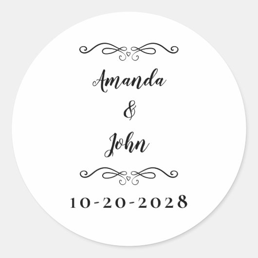 Elegant Wedding Couples Names Chic Black White Cla Ronde Sticker (Voorkant)