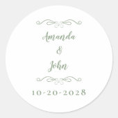 Elegant Wedding Couples Names Sage Green White Ronde Sticker (Voorkant)