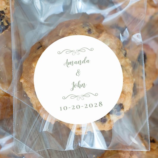 Elegant Wedding Couples Names Sage Green White Ronde Sticker