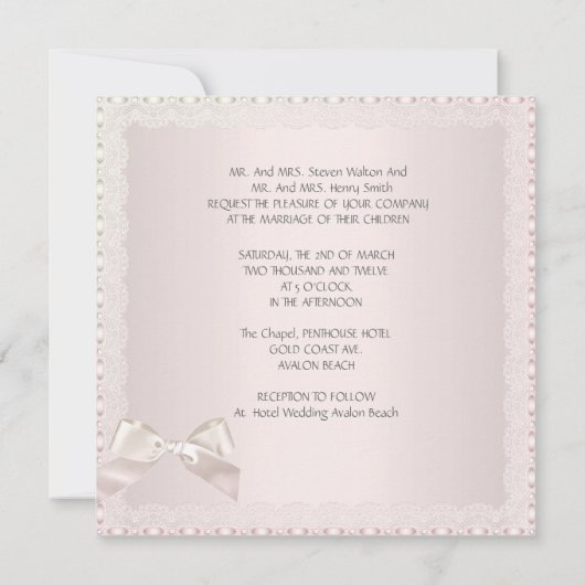 Elegant Wedding Cream Pink Lace Bow Roos Kaart (Achterkant)