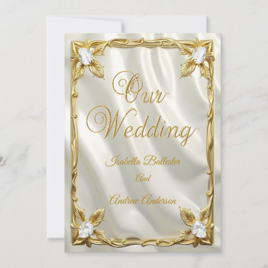 Elegant Wedding Cream White Faux Silk Gold Diamond Kaart (Voorkant)