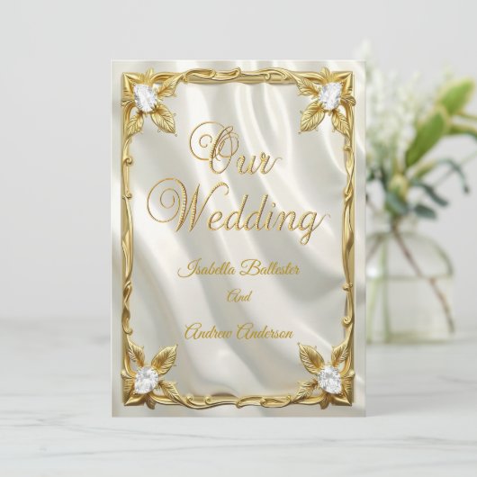 Elegant Wedding Cream White Faux Silk Gold Diamond Kaart (Staand voorkant)
