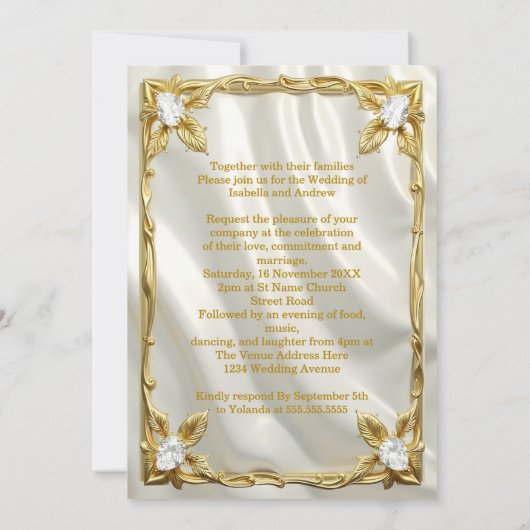 Elegant Wedding Cream White Faux Silk Gold Diamond Kaart (Achterkant)
