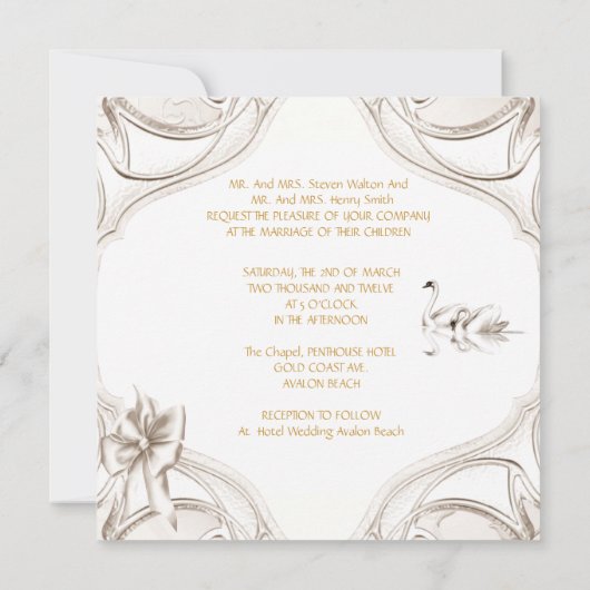 Elegant Wedding Cream White Swans Bow Kaart (Achterkant)