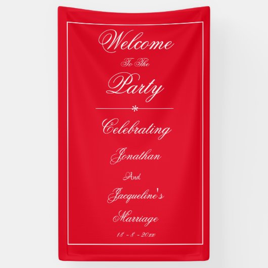 Elegant Wedding Custom Names Chic Red Welkom Spandoek (Verticaal)