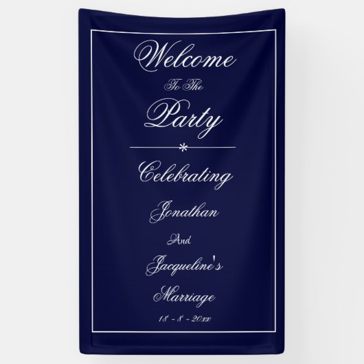 Elegant Wedding Custom Names Navy Blue Welkom Spandoek (Verticaal)