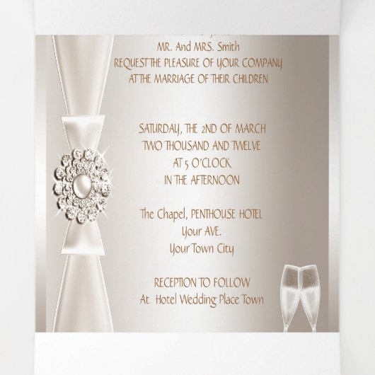 Elegant Wedding Damask Cream White Champagne 3 Drieluik Uitnodiging (Binnenkant midden)