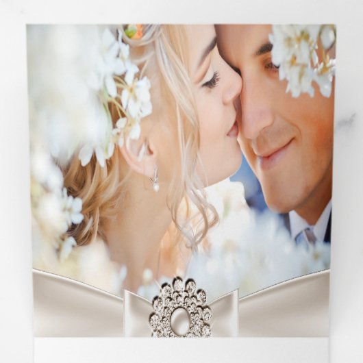 Elegant Wedding Damask Cream White Champagne 3 Drieluik Uitnodiging (Binnenzijde eerst)