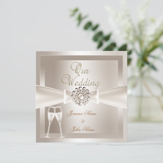 Elegant Wedding Damask Cream White Champagne Kaart (Staand voorkant)