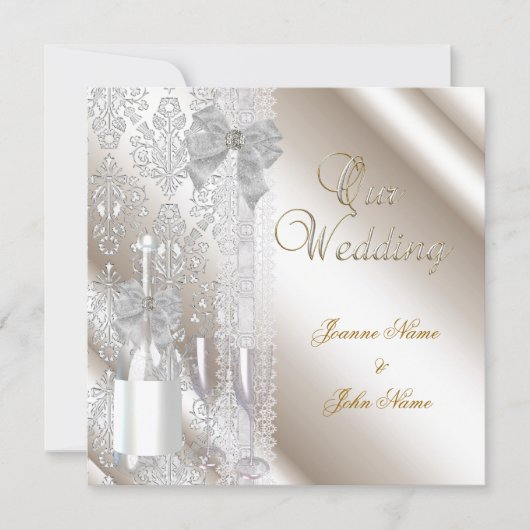 Elegant Wedding Damask Cream White Champagne Kaart (Voorkant)