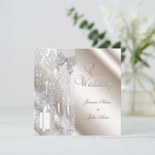 Elegant Wedding Damask Cream White Champagne Kaart (Staand voorkant)