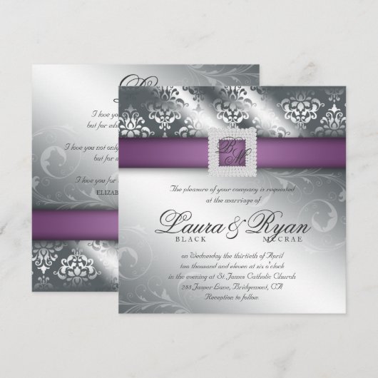 Elegant Wedding Damask Jewel Paarse Silver Kaart (Voorkant / Achterkant)