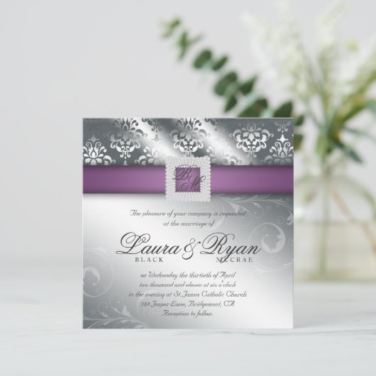 Elegant Wedding Damask Jewel Paarse Silver Kaart (Staand voorkant)