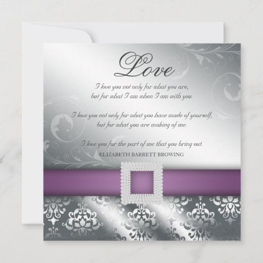 Elegant Wedding Damask Jewel Paarse Silver Kaart (Achterkant)