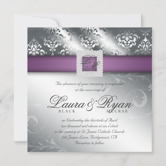Elegant Wedding Damask Jewel Paarse Silver Kaart (Voorkant)