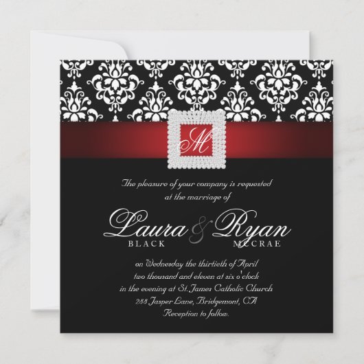 Elegant Wedding Damask Jewels Red Black White Sq Kaart (Voorkant)