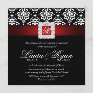 Elegant Wedding Damask Jewels Red Black White Sq Kaart