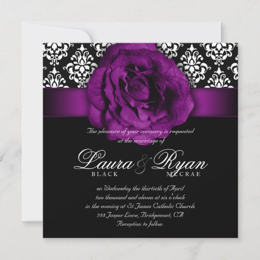 Elegant Wedding Damask Paars Roos Black White Kaart (Voorkant)