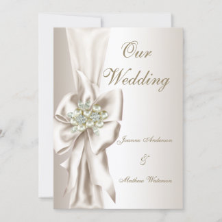 Elegant Wedding Damask Pearl Cream White Bow 2 Kaart
