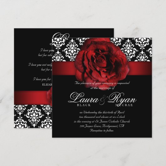 Elegant Wedding Damask Red Rose Black White Kaart (Voorkant / Achterkant)