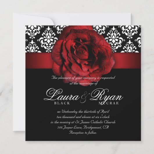 Elegant Wedding Damask Red Rose Black White Kaart (Voorkant)