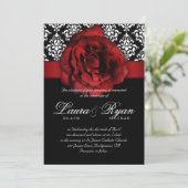Elegant Wedding Damask Red Rose Black White Kaart (Staand voorkant)