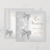 Elegant Wedding Damask Silver White Bow Set Kaart (Voorkant / Achterkant)