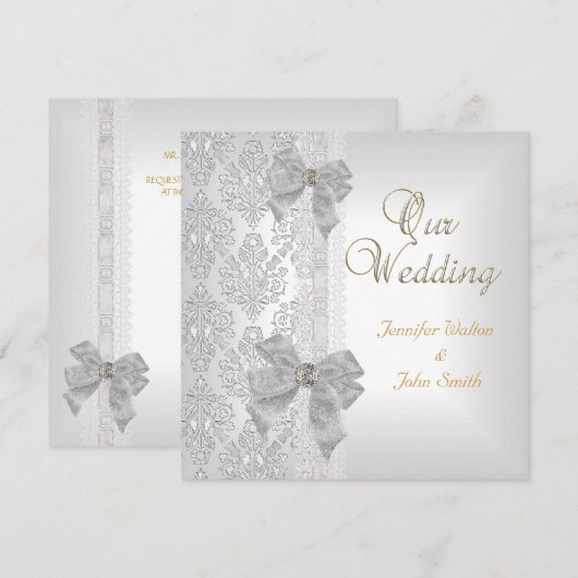 Elegant Wedding Damask Silver White Bow Set Kaart (Voorkant / Achterkant)