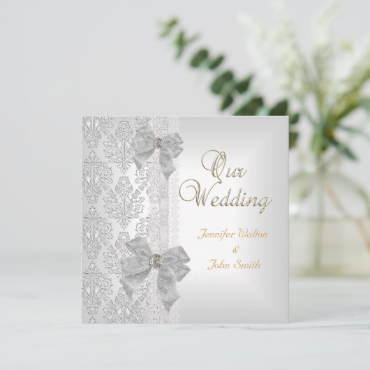 Elegant Wedding Damask Silver White Bow Set Kaart (Staand voorkant)