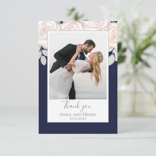 Elegant Wedding Dank je Floral Waterverf Navy Bedankkaart (Staand voorkant)