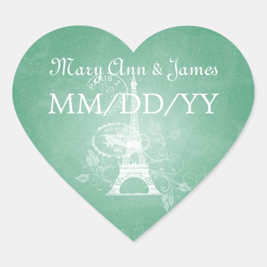 Elegant Wedding Date Romantic Paris Mint Green Hart Sticker (Voorkant)