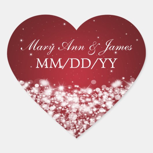 Elegant Wedding Date Star Sparkle Red Hart Sticker (Voorkant)