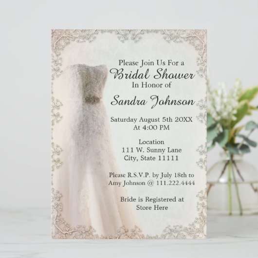 Elegant Wedding Dress Bridal Shower Uitnodiging (Staand voorkant)