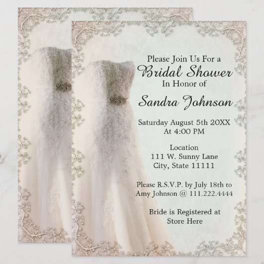 Elegant Wedding Dress Bridal Shower Uitnodiging (Voorkant / Achterkant)