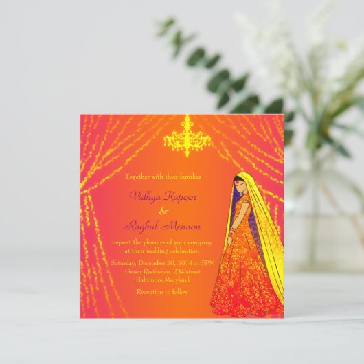 Elegant Wedding Dress Lights Chandelier Uitnodigin Kaart (Staand voorkant)