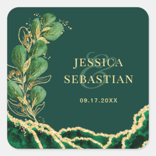 Elegant Wedding Emerald & Gold Agate Eucalyptus Vierkante Sticker
